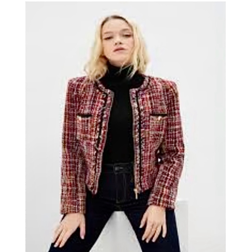 Guess Red & Black Tweed Jacket with gold button and chain accents size medium